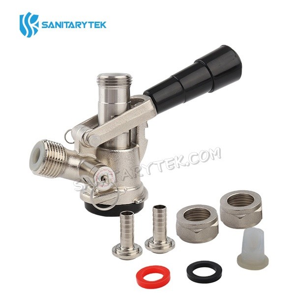 Beer-keg-coupler-D-Type-with-pressure-relief-valve-and-black-lever-handle