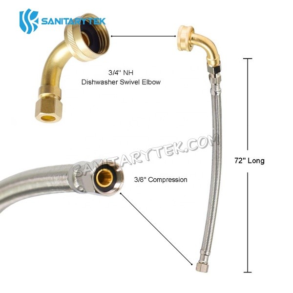 Braided stainless steel dishwasher connector with elbow fittings