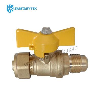 Brass gas ball valve, PE/AL/PE x Flare, yellow butterfly handle