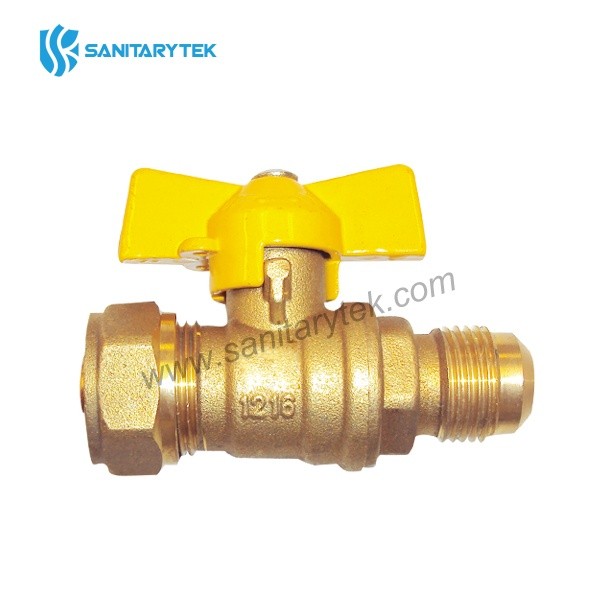 Brass gas ball valve, PE/AL/PE x Flare, yellow butterfly handle