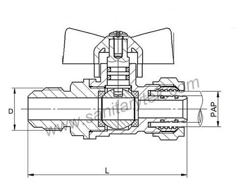 Brass gas ball valve, PE/AL/PE x Flare, yellow butterfly handle
