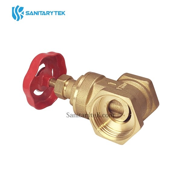 Brass gate valve FxF, red steel handle - Image 2