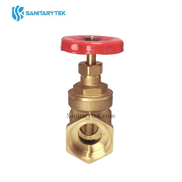 Brass gate valve FxF, red steel handle