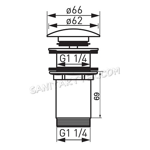 Brass waste for wash basin click-clack G5/4, without overflow, black