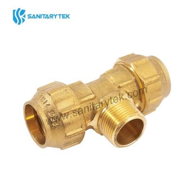 Male tee with compression ring of brass for polyethylene