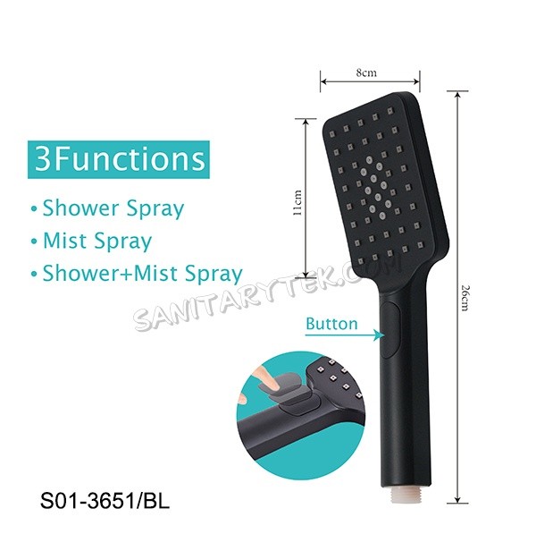 Square 3 functions matte black handheld shower