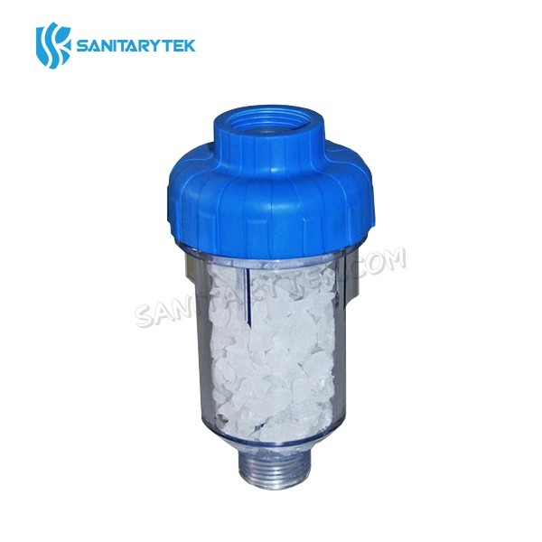 Washing machine filter with polyphosphate crystals siliphos