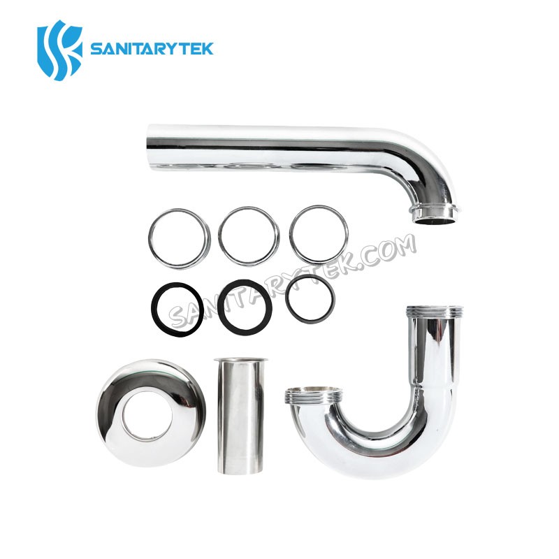 Adjustable P-trap for wash basins, chrome plated brass, with wall outlet