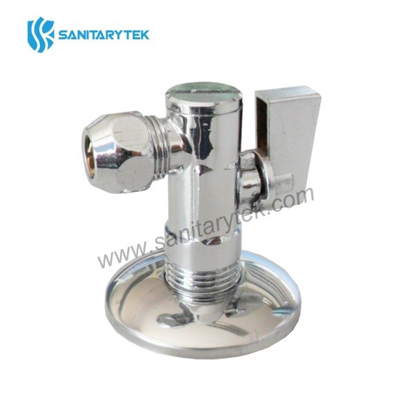 Angle ball valve, with filter and rosette, chrome-plated brass