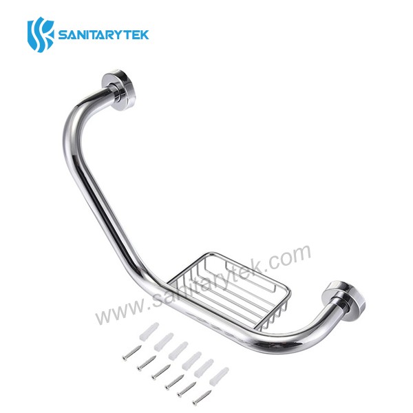 Angled grab bar with soap basket stainless steel