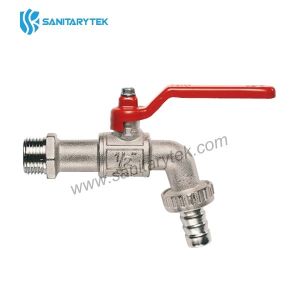 Ball bibcock with hose union, red steel handle