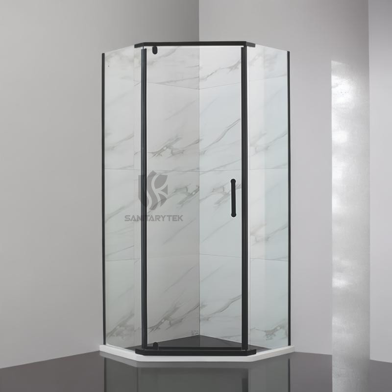 Black pentagonal shower enclosure hinged door