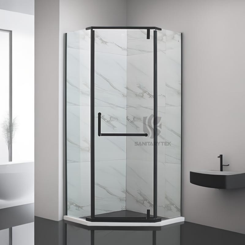 Black pivot hinged pentagon shower enclosure