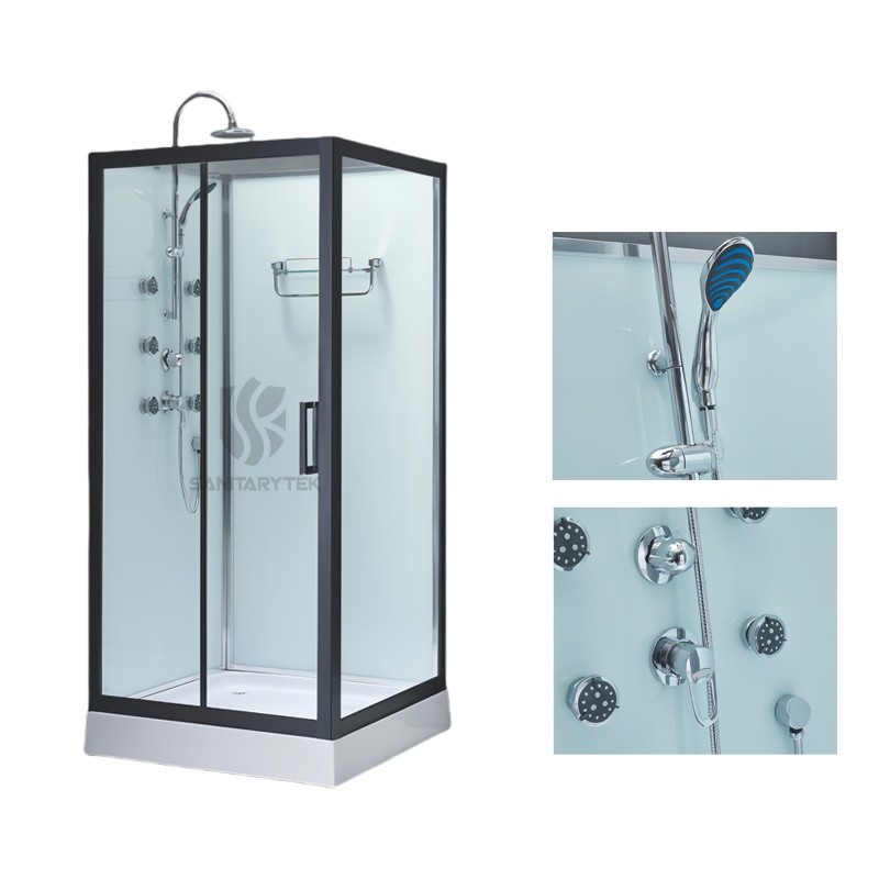 Black square shower cabin with tray