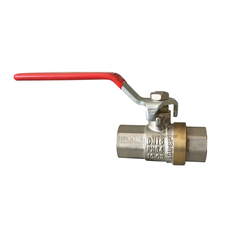 Brass ball valve FF, with red flat steel handle