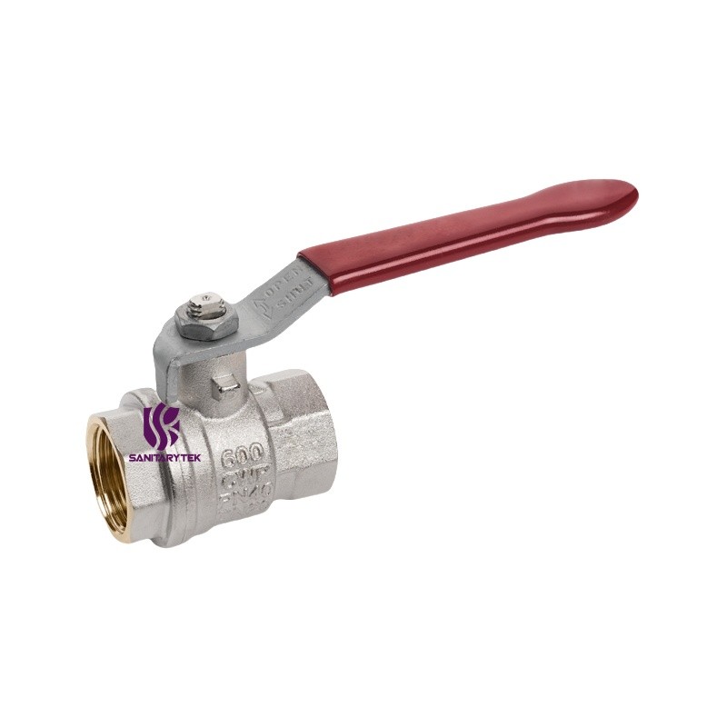 Brass ball valve with red lever handle, female-female - Image 2