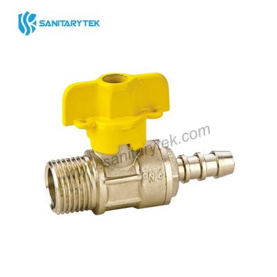 Brass ball valve for gas, male x hose connection, yellow butterfly handle