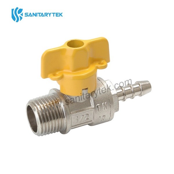 Brass ball valve for gas, male x hose connection, yellow butterfly handle