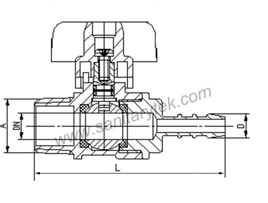 Brass ball valve for gas, male x hose connection, yellow butterfly handle - Image 3