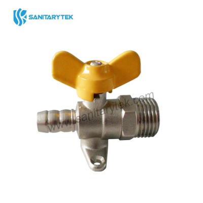 Brass ball valve with bracket, M-hose connection, yellow butterfly handle