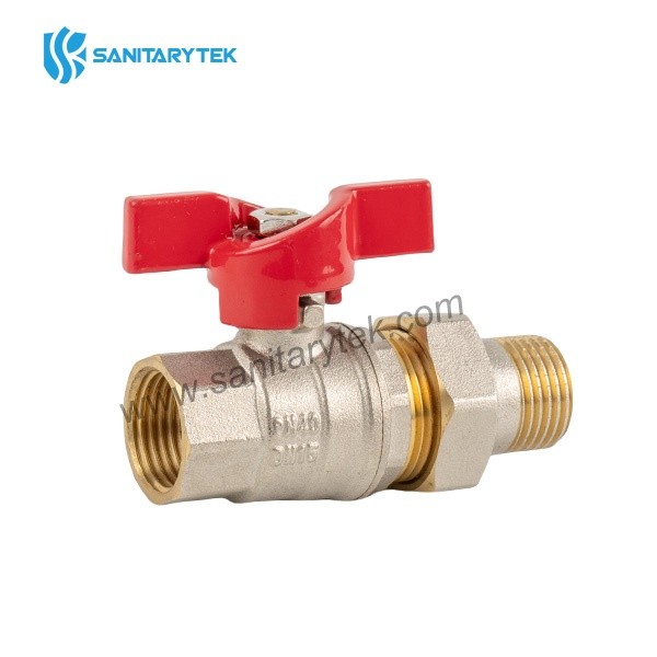Brass ball valve with half-connector, red butterfly handle - Image 2