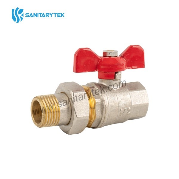 Brass ball valve with half-connector, red butterfly handle - Image 3