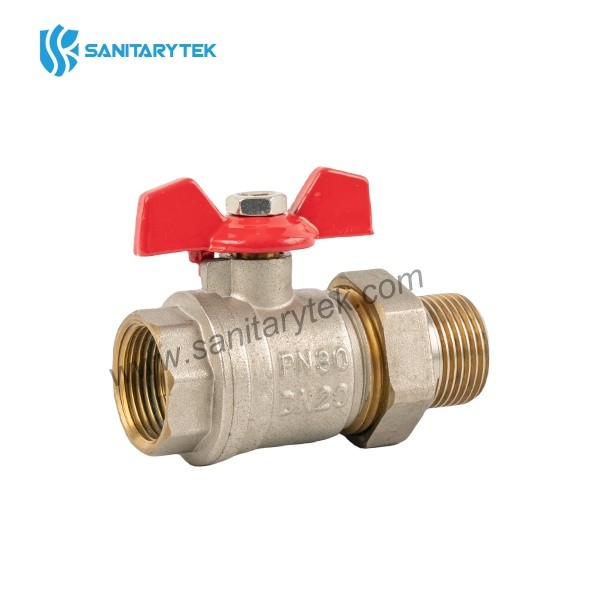 Brass ball valve with pipe union connection, red butterfly handle