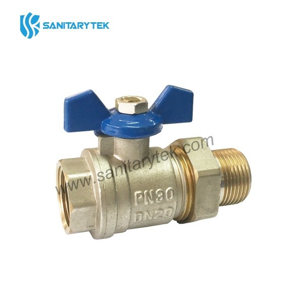 Brass ball valve with pipe union connection, red butterfly handle