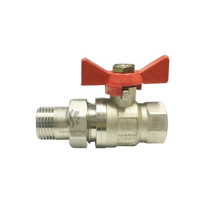 Brass ball valve with pipe union, with red aluminum butterfly handle - Image 2