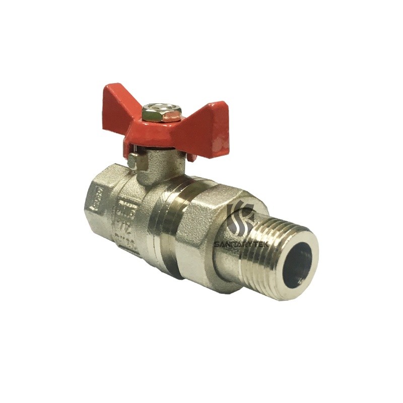 Brass ball valve with pipe union, with red aluminum butterfly handle