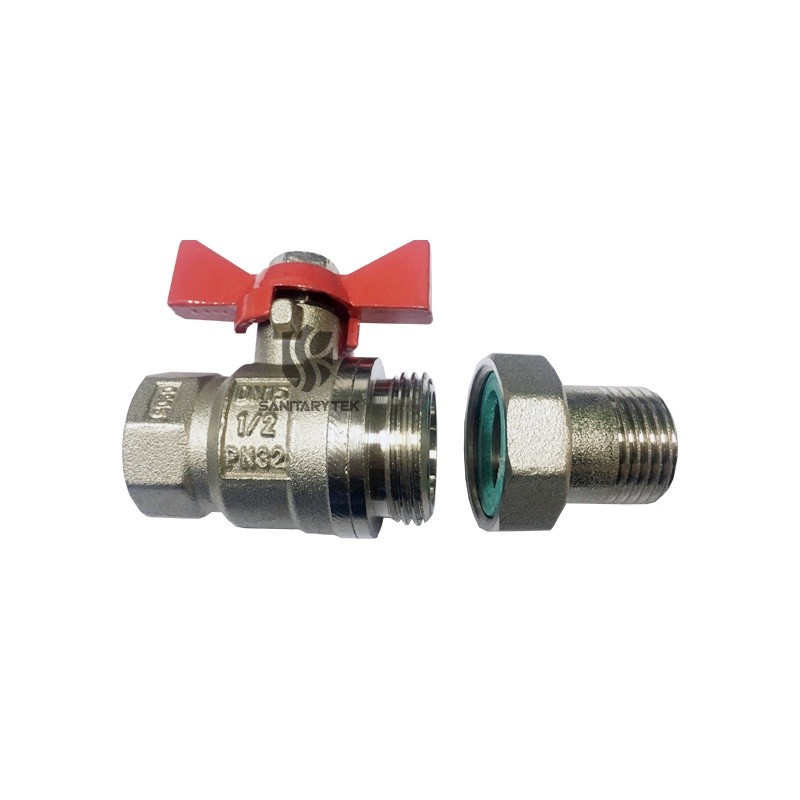 Brass ball valve with pipe union, with red aluminum butterfly handle