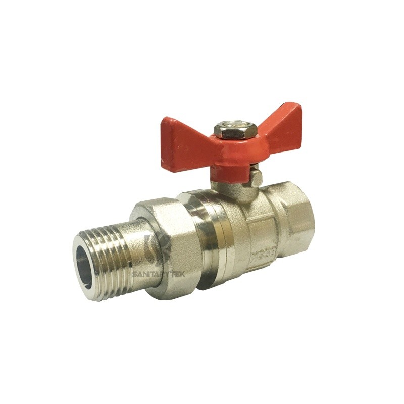 Brass ball valve with pipe union, with red aluminum butterfly handle