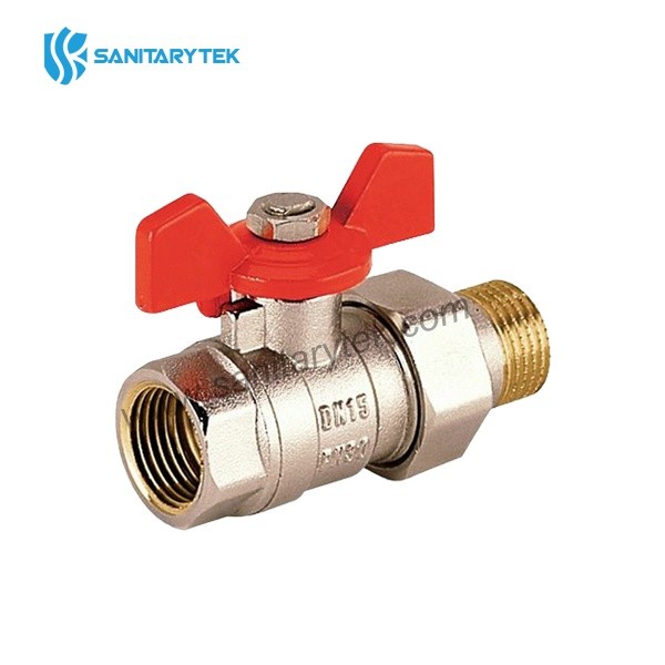Brass ball valve with union and red butterfly handle - Image 2