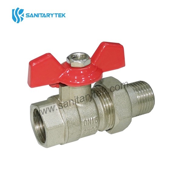 Brass ball valve with union and red butterfly handle - Image 3