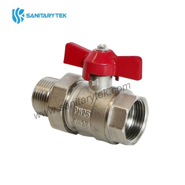 Brass ball valve with union, red butterfly handle - Image 2