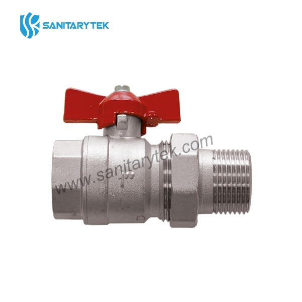 Brass ball valve with union, red butterfly handle