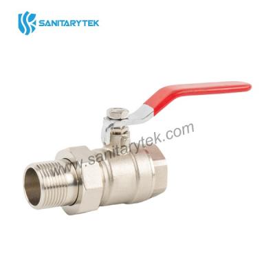Brass ball valve with pipe union, red steel flat handle