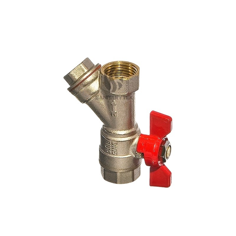 Brass ball valve with Y filter, red butterfly handle - Image 2