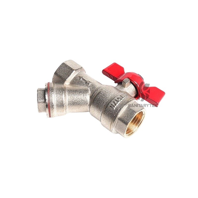 Brass ball valve with Y filter, red butterfly handle - Image 3