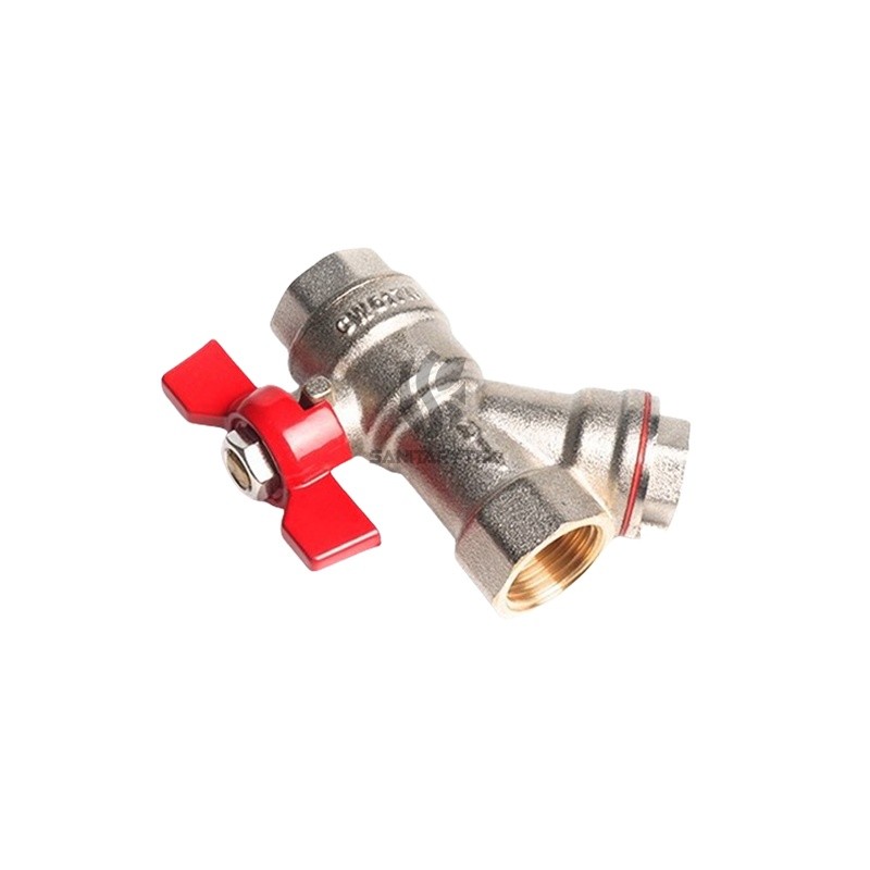 Brass ball valve with Y filter, red butterfly handle - Image 4