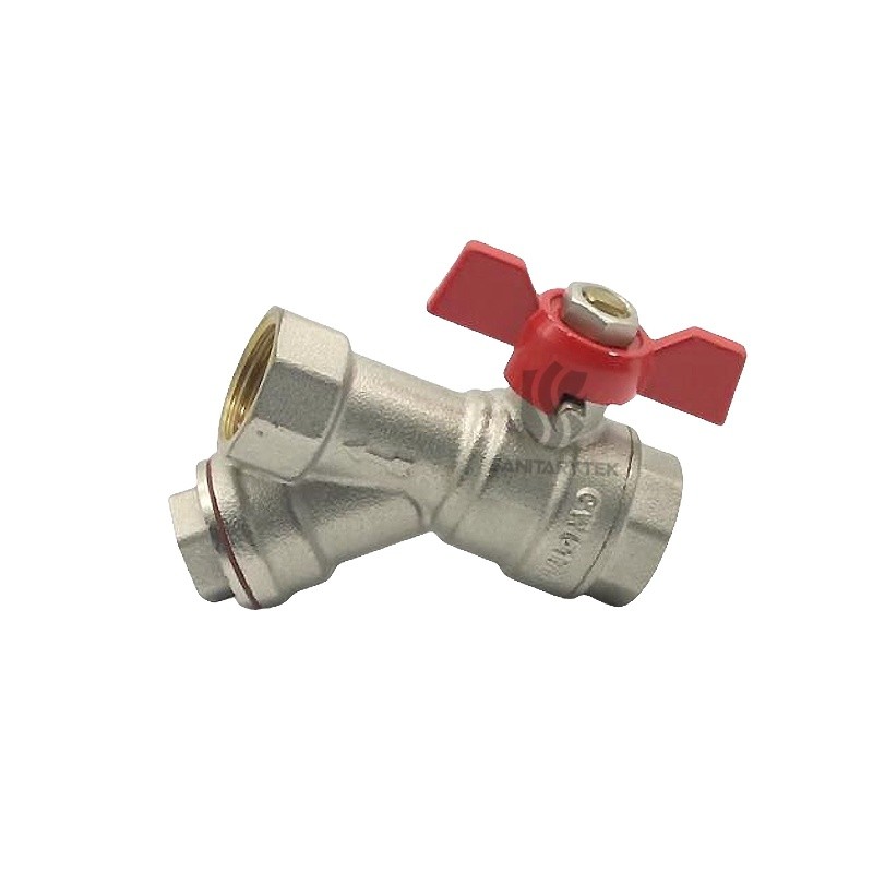 Brass ball valve with Y filter, red butterfly handle