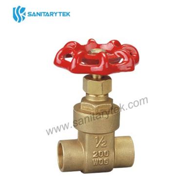 Brass gate valve, solder ends, red iron handle