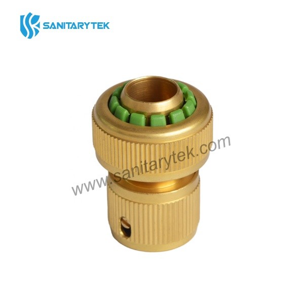 Brass garden hose quick connector with stop
