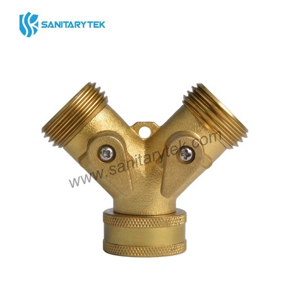 Brass garden hose splitter 2 way, garden hose connector with 2 valves