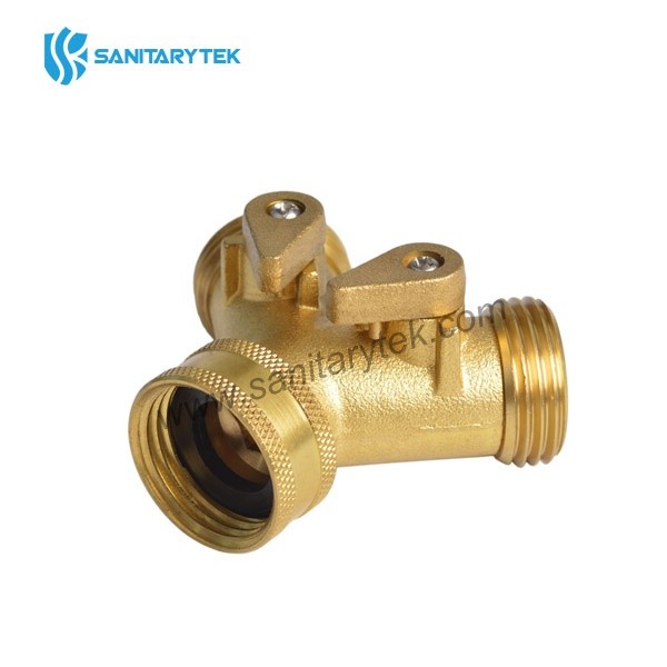 Brass garden hose splitter 2 way, garden hose connector with 2 valves