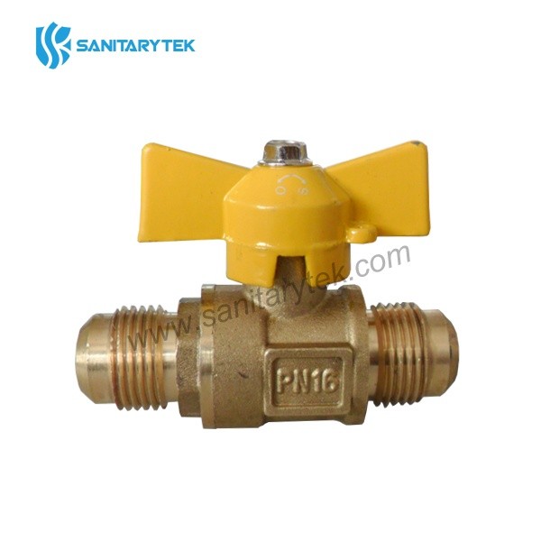 Brass gas ball valve, flare x flare, yellow butterfly handle