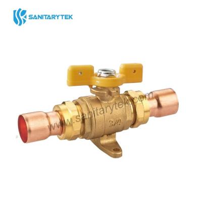 Brass gas ball valve with feet, yellow T handle