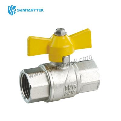Brass gas ball valve, with yellow butterfly handle, female-female