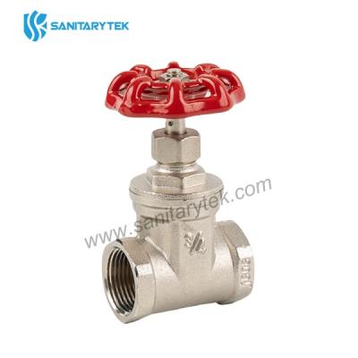 Brass gate valve F/F, red iron handle, nickel plated
