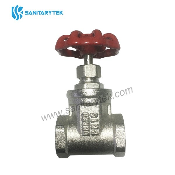 Brass gate valve F/F, red iron handle, nickel plated